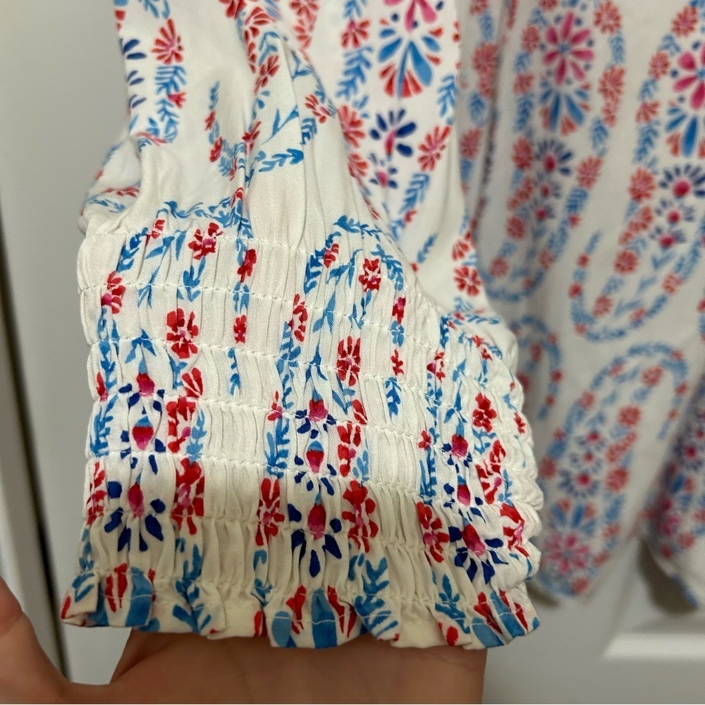 Talbots Blouse Floral Paisley Smocked Resortwear Coastal White Blue Plus Size 3X - Picture 5 of 8